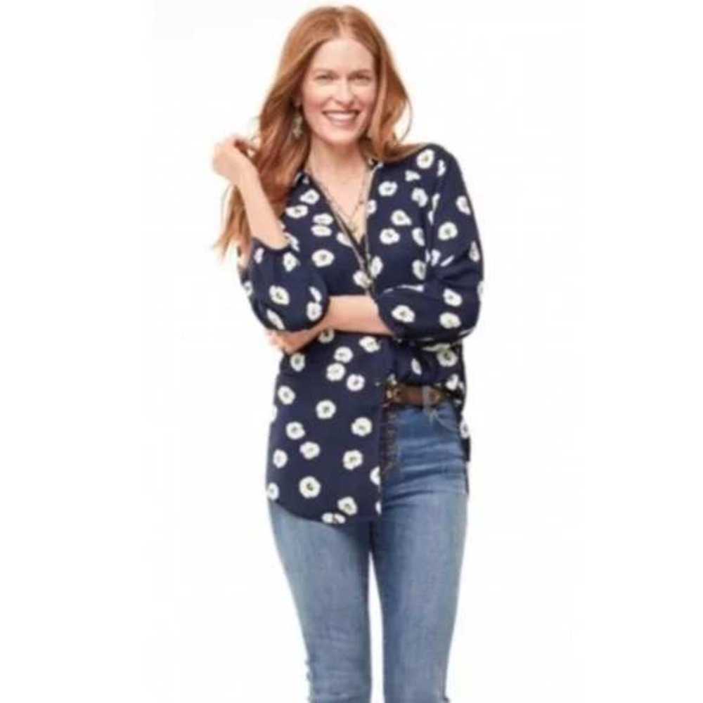 Cabi XS Navy Floral Button Down Top Long Sleeve 5705 Go To Blouse Sheer